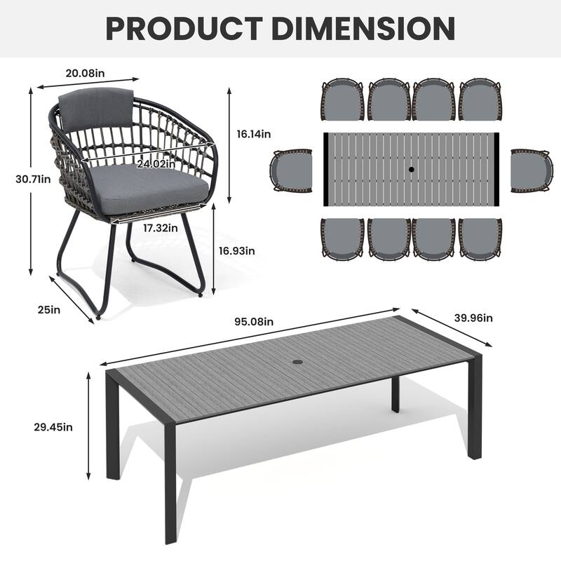 7/9-Piece Outdoor Patio Dining Set Aluminum Dining Table with Umbrella Hole and PE Rattan Chairs
