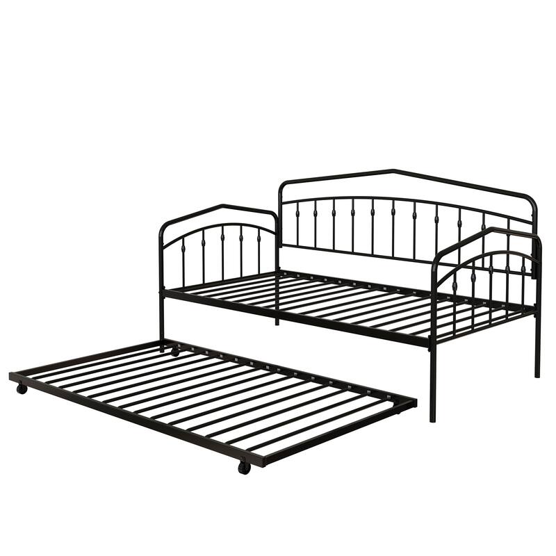Twin Size Metal Daybed with Trundle & Anti-Noise Design - No Box Spring Needed.