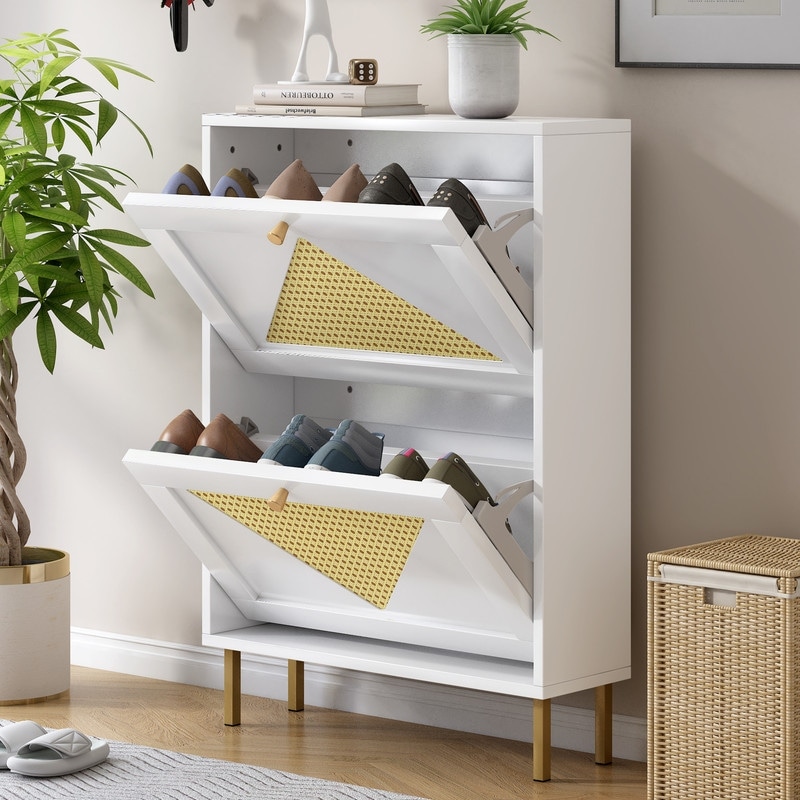 Anbuy White Shoe Cabinet for Entryway, White Narrow Shoe Storage Cabinet  Wood Multi-Layer Rattan Shoe Organizer for Home and Apartment