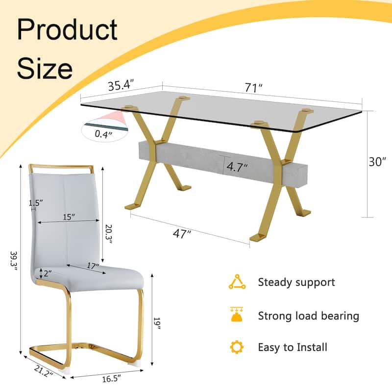 9-Piece Glass Dining Table Set for 8, 71" Rectangular Table with Gold Metal Base, 8 PU Dining Chairs for Kitchen, Dining Room