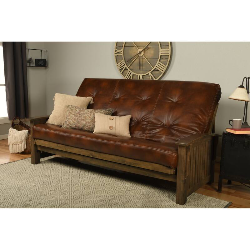 Somette Washington Queen-size Futon Set in Rustic Walnut Finish with Faux Leather Mattress