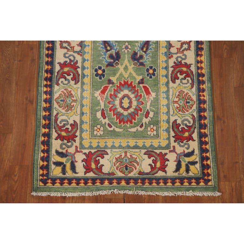 Green Floral Kazak Runner Rug Hand-Knotted Wool Carpet - 2'8" x 9'7"