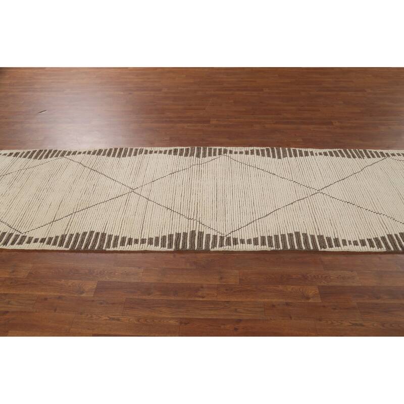 Ivory Moroccan Runner Rug Handmade Modern Wool Carpet - 3'1"x 11'10"