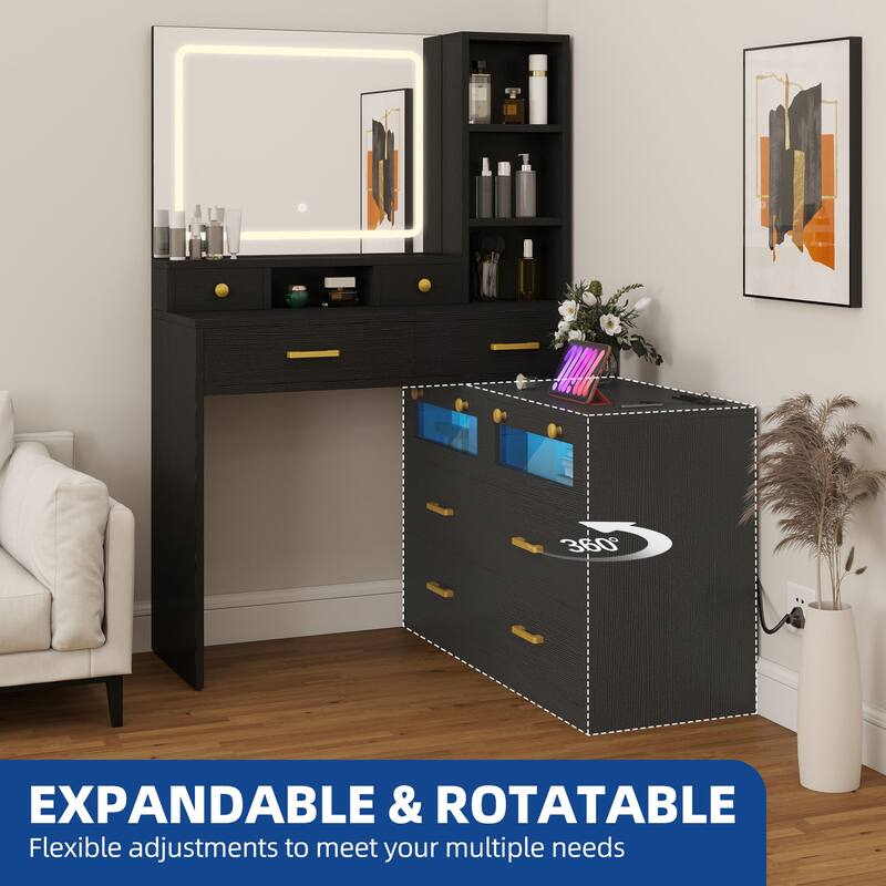 Moasis 65" Makeup Vanity Desk with 10 Drawers, RGB LED Mirror and Charging Station
