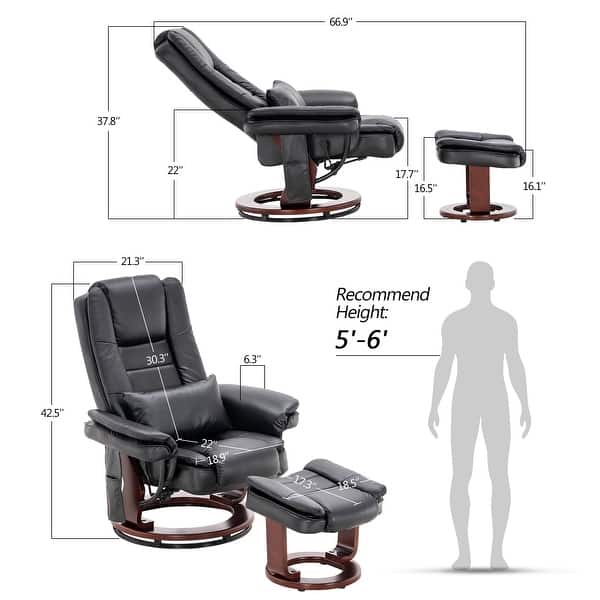 dimension image slide 0 of 3, MCombo Swivel Recliner with Ottoman, Vibration Massage Lumbar Pillow