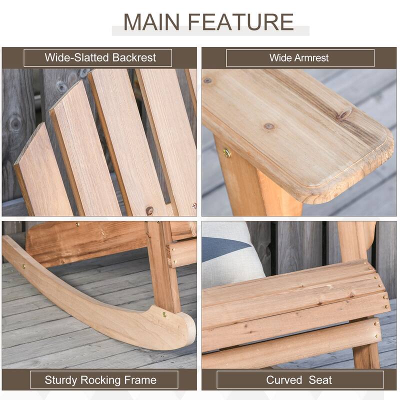 Outsunny Wooden Adirondack Rocking Chair with Slatted Wooden Design, Fanned Back, & Classic Rustic Style, Teak