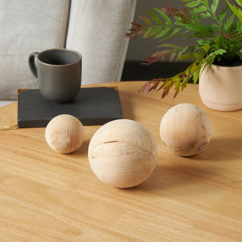 Light Brown Wood Handmade Decorative Orbs & Vase Filler with Varying Sizes (Set of 3) - Light Brown