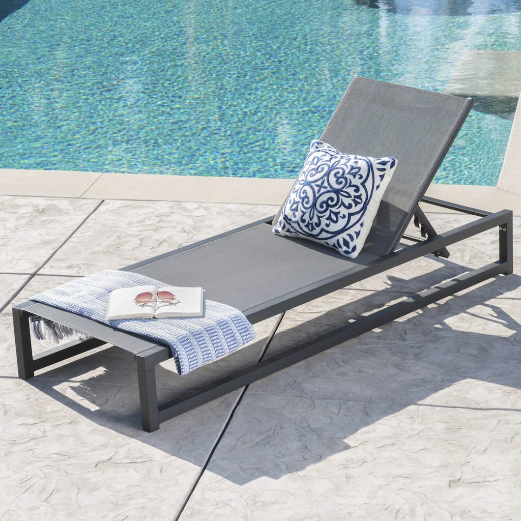 Venice Chaise Lounge Black Grey Outdoor Adjustable Reclining Mesh Patio Furniture with Aluminum Frame 77in