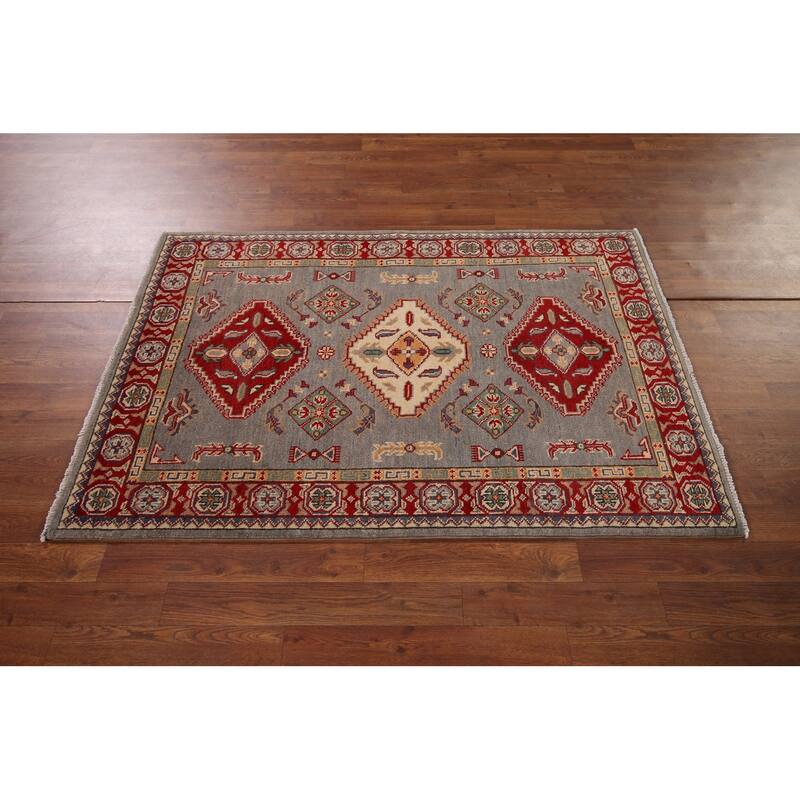 Geometric Kazak Oriental Accent Rug Handmade Entryway Wool Carpet - 3'3" x 4'11"