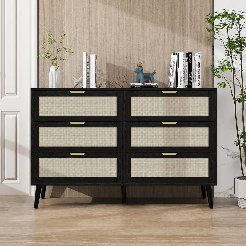 6 Drawer Rattan Dresser, Buffet Cabinet, Storage Cabinet for Bedroom - Black