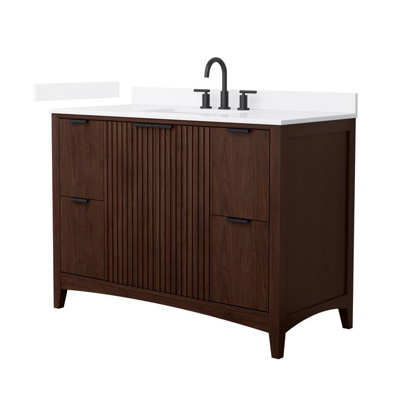 Wyndham Collection WCF9191-48S-QTZ-US3MXX Palmilla 48" Free Standing - Dark Walnut / White Quartz Top / Matte Black