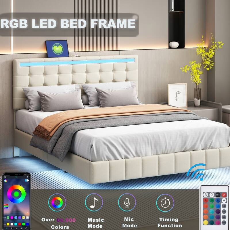 Queen Size Floating Bed Frame with LED Lights and USB Charging,Modern
