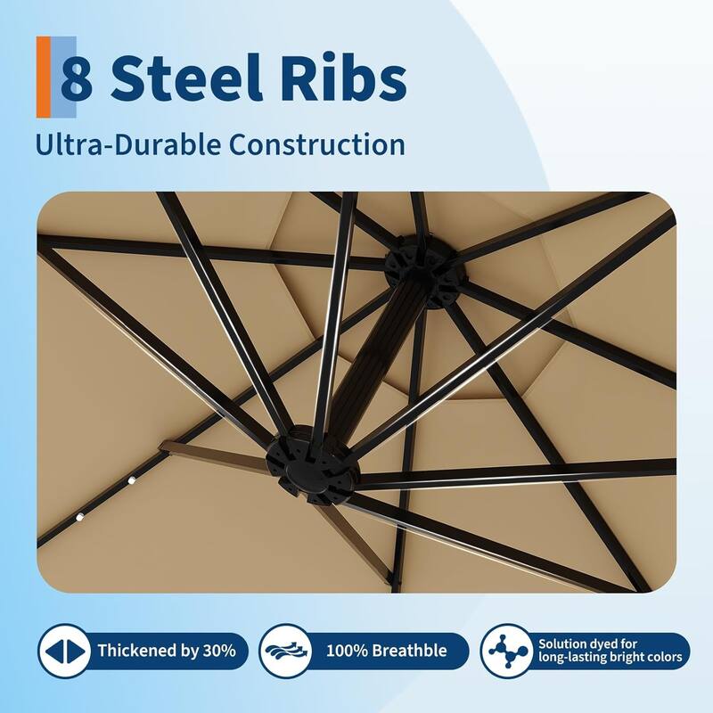 10ft Solar Lights Offset Patio Umbrella, Cantilever Umbrella with Easy Lift & Tilt Adjustment, 8 Ribs Sun Umbrella UV