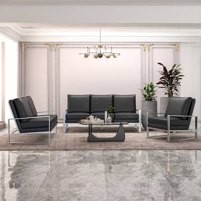 3-Piece Leather Sofa Set Brushed Stainless Steel Base and Removable Cushions