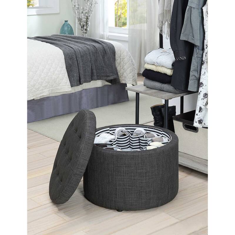 Convenience Concepts Designs4Comfort Round Shoe Storage Ottoman - Dark Charcoal Grey Linen