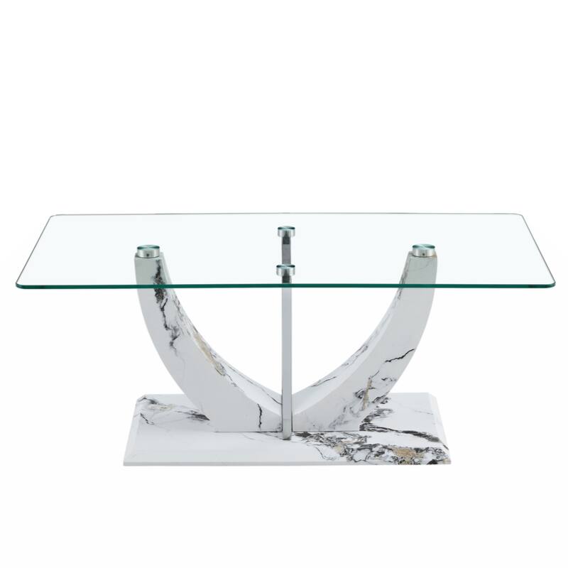 glass coffee table with marble patterned MDF legs and stainless steel decorative columns