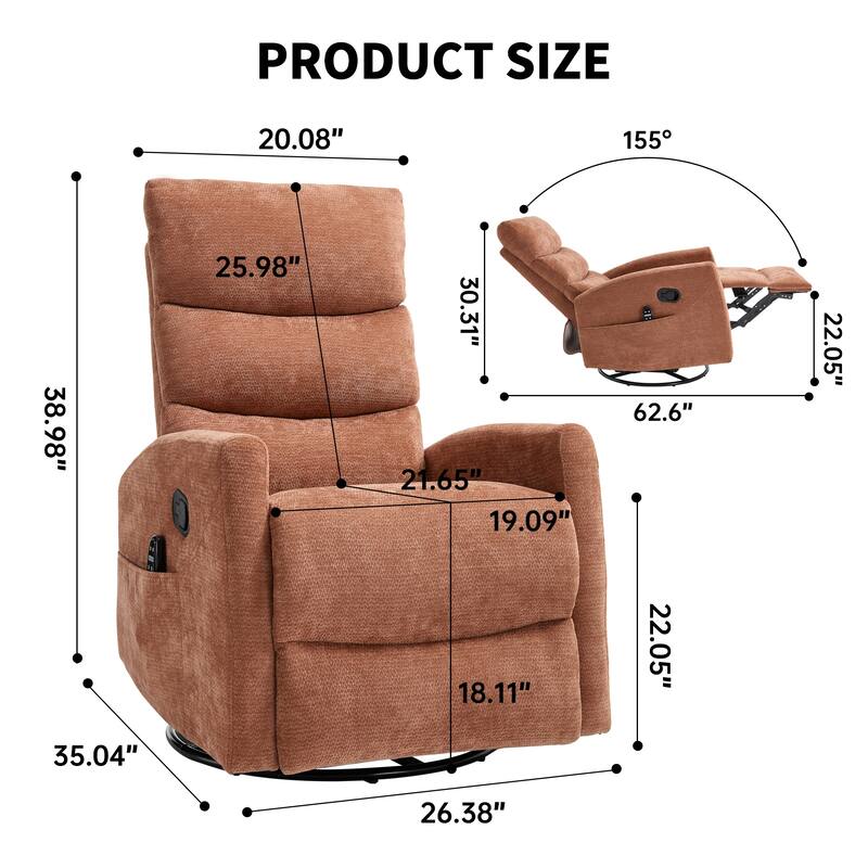 Roomfitters Manual Rocker Swivel Recliner Chair with Heat and Massage Fabric Glider Lounge Sofa for Living Room