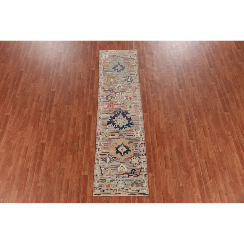 Hand Knotted Oriental 100% Wool Carpet Transitional Floral Multi-Colored Oushak Runner Rug - 9' 3'' X 2' 5''