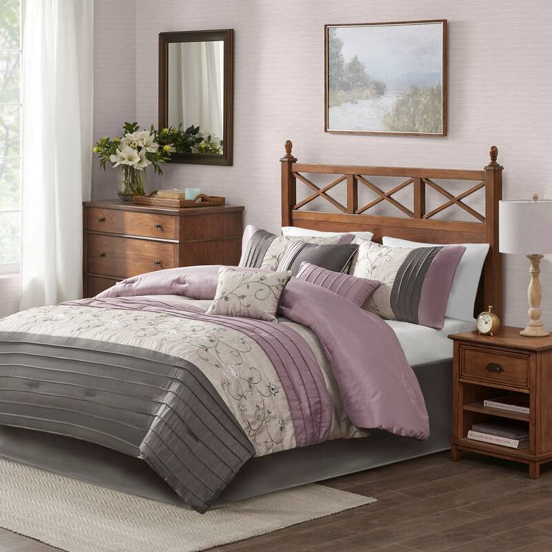 GDF Studio - Embroidered 7-Piece Comforter Set with Decorative Pillows - Purple