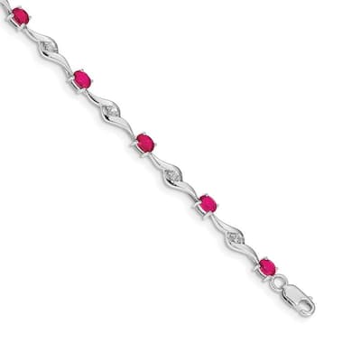 Curata 14k White Gold White Sapphire and Composite Ruby Gemstone Bracelet