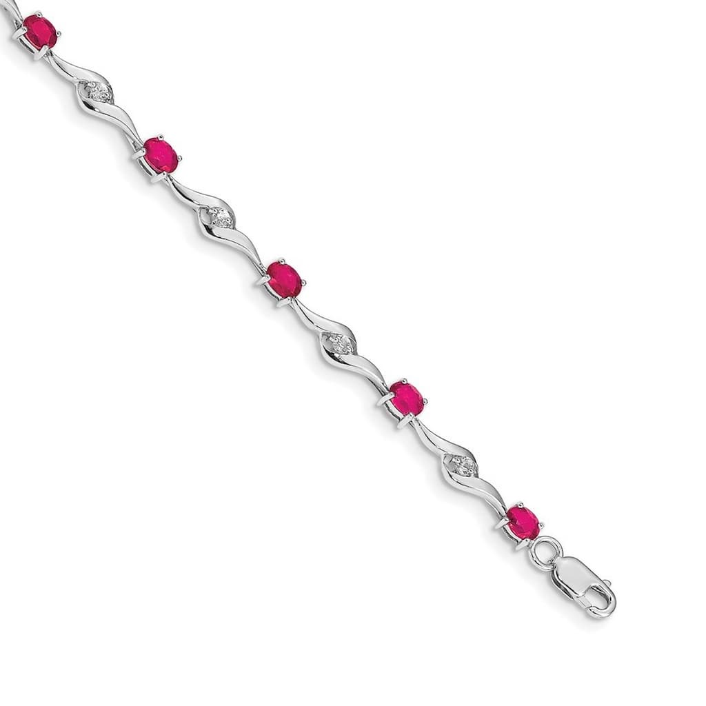 Curata 14k White Gold White Sapphire and Composite Ruby Gemstone Bracelet