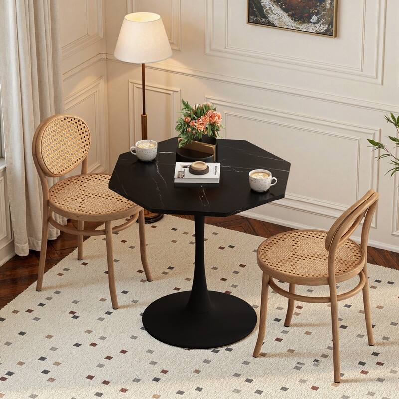 31.5" Modern Octagonal Coffee Table - Printed Black Marble Top & Metal Base