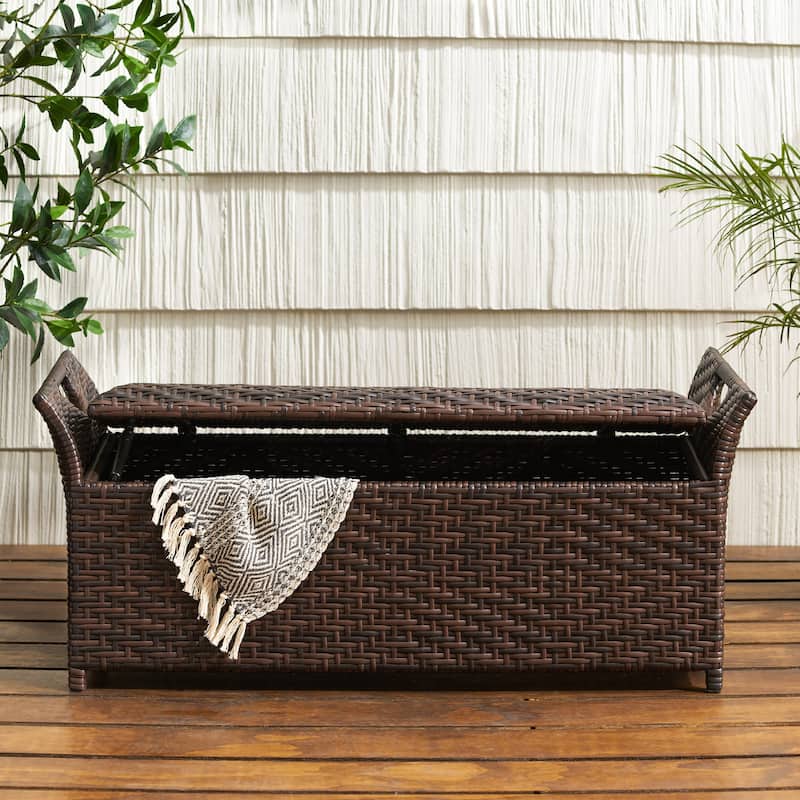Roomfitters Outdoor Storage Bench, All-Weather Rattan Patio Deck Box with Lid for Garden or Porch, Brown