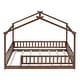 preview thumbnail 1 of 7, Kids House Bed with Roof & Fence, Pine Wood Bed Frame,Walnut - Full