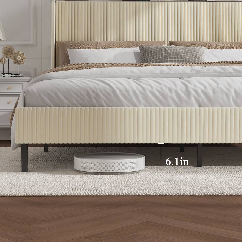 Roomfitters Metal Platform Bed Frame with Charging Station, Heavy Duty Mattress Foundation, No Box Spring Needed, Beige