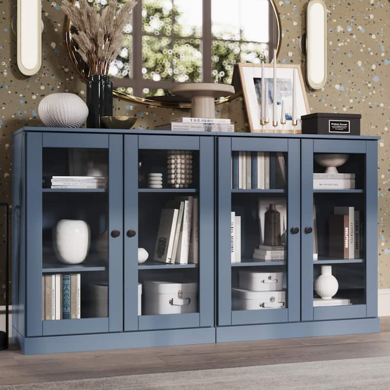 100% Solid Wood Sideboard with Glass or Solid Wood Doors by Palace Imports - 64" x 35.75" - Antique Blue - Glass