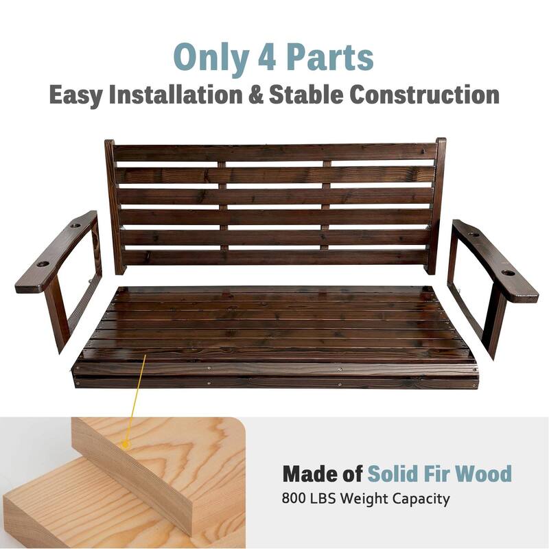 Wooden Porch Swing with Hanging Chains and 7mm Springs Heavy Duty 800 LBS for Outdoor Patio Garden Yard