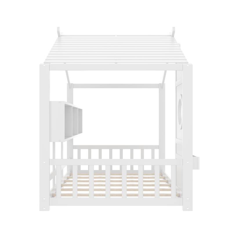House Bed Frame for Toddler Floor Bed, Kids Montessori Bed with Storage Shelf and Round Window, Playhouse Bed with Roof Design