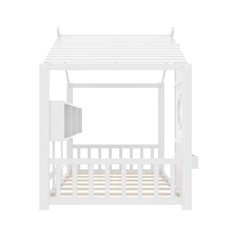 Roomfitters Twin Size Floor House Bed with Storage Shelf and Roof Design, Montessori Playhouse Bed