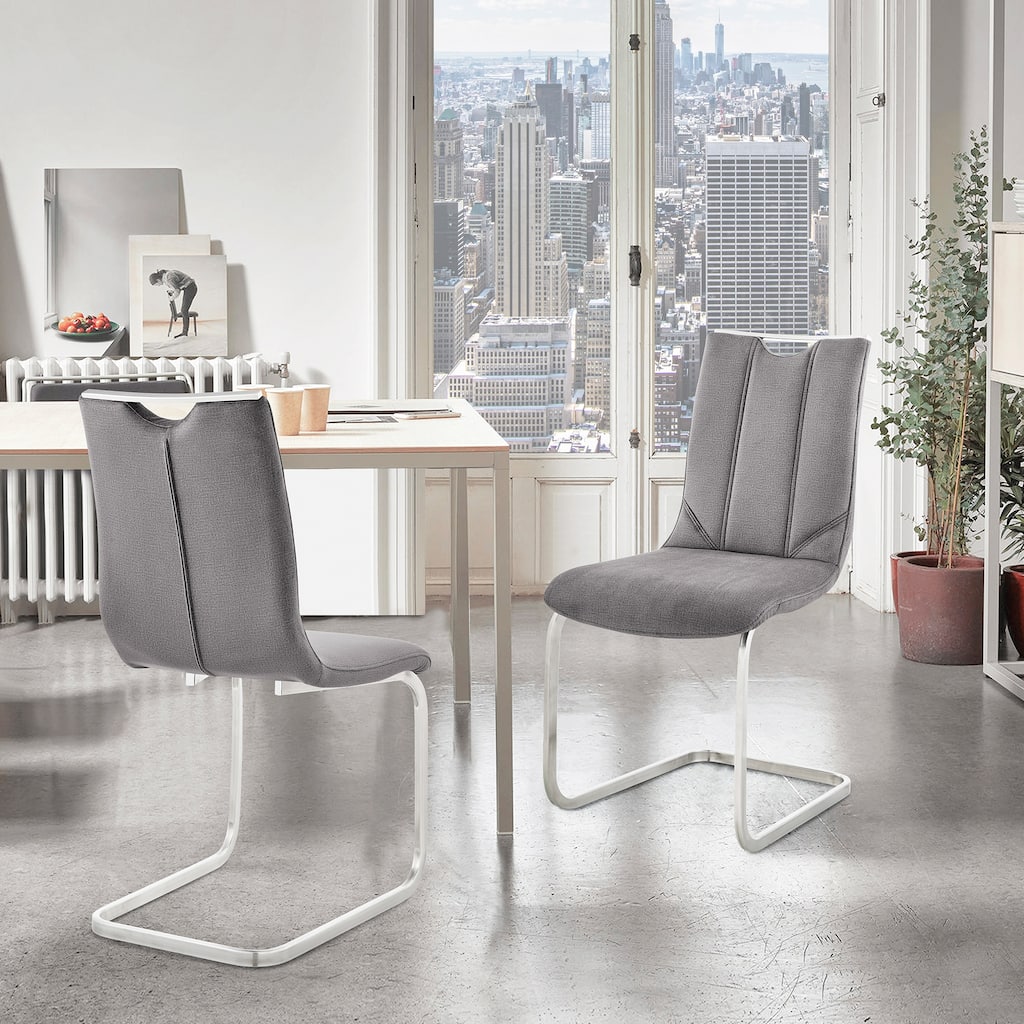 Pacific Modern Dining Chair Set of 2, Gray Polyester Fabric with Brushed Stainless Steel Sled Base