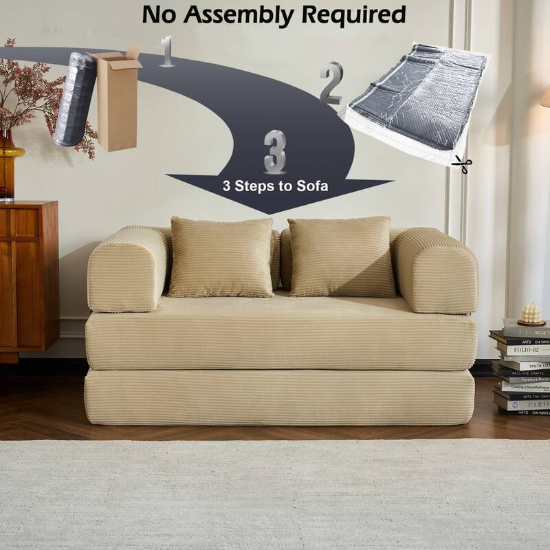 59.05'' Corduroy Convertible Sofa Bed with Cylindrical Pillow, Floor Sofa Lounge Couch