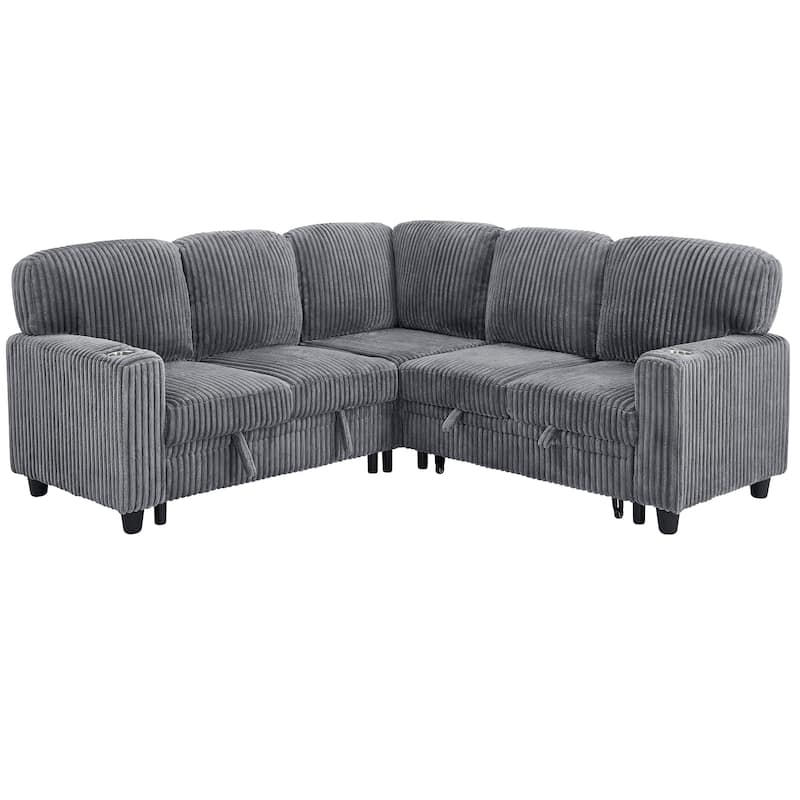 GDFStudio - Modern 5-Seat Sectional L-Shaped Sofa with Pull-Out Sleeper Bed, Storage, Cup Holder & USB Charging - 81"W