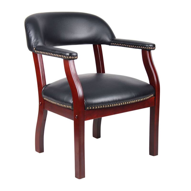 Elon Guest Chair with Brass Nailhead Trim, Mahogany Wood, Black Caressoft