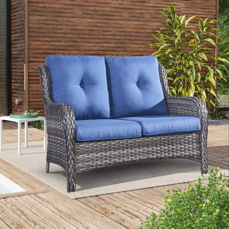 Gymojoy Outdoor Loveseat Wicker Sofa Set Rattan Sofa - Grey/Blue