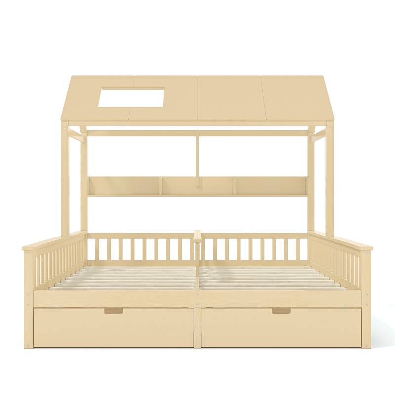 Double Twin Platform Bed with Storage Shelves and Drawers, House Platform Bed with Support Slats, Childlike