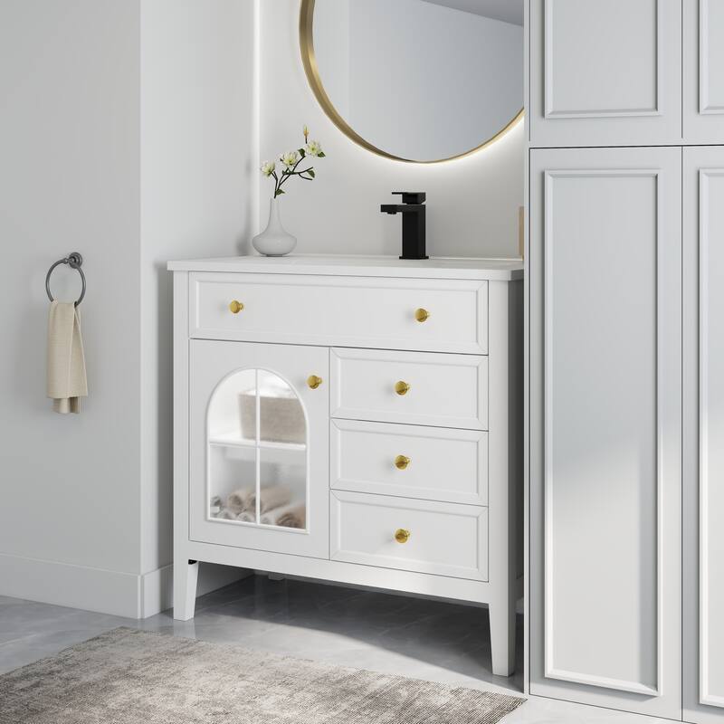 35.6-Inch Mid-Century Bathroom Vanity Sink with Patterned Glass & Motion-Sensor Light Strip, High-End Vanity Cabinet