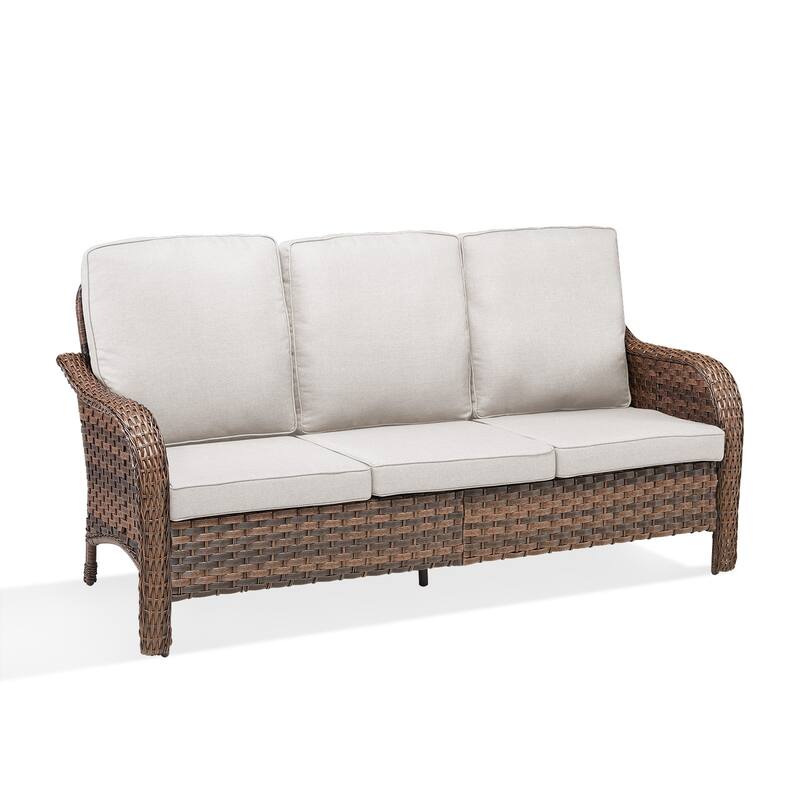 Cavira Brown Wicker Outdoor Patio 3-Seat Sofa with Olefin Cushions