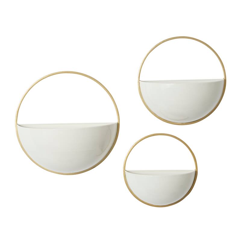 Metal Geometric Indoor Outdoor Round Wall Planter - Set of 3 White, Gold, Black - Roche River Decor