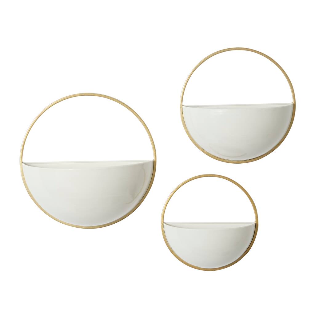 Metal Geometric Indoor Outdoor Round Wall Planter - Set of 3 White, Gold, Black - Roche River Decor