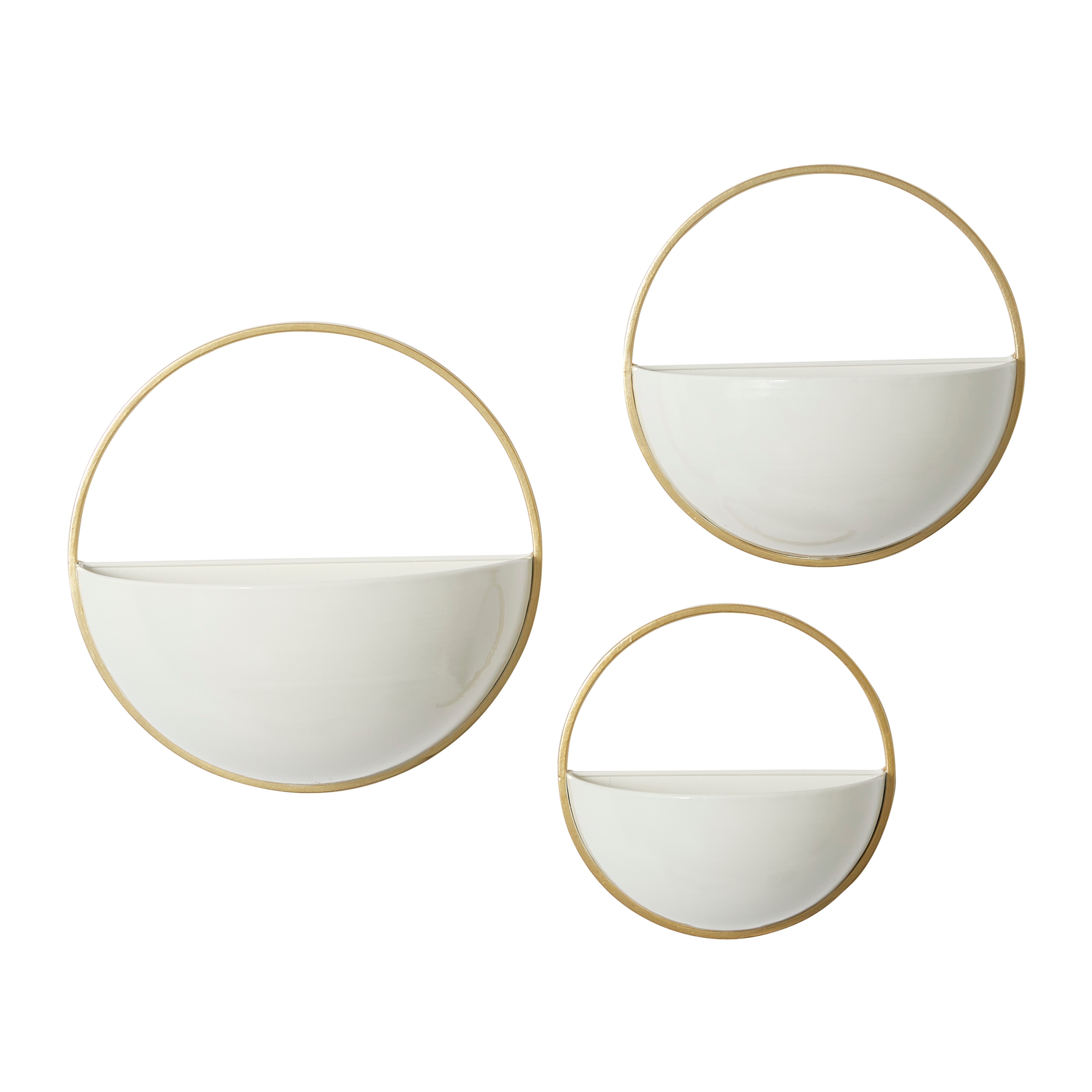 Metal Geometric Indoor Outdoor Round Wall Planter - Set of 3 White, Gold, Black - Roche River Decor