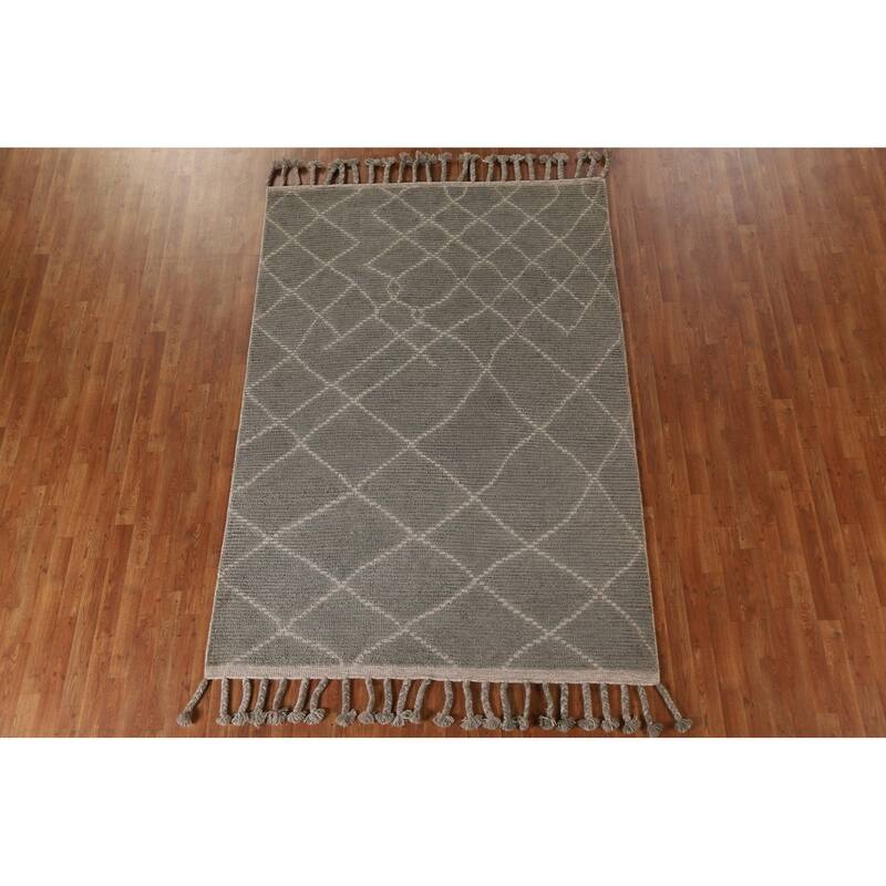 Hand Knotted Oriental 100% Wool Carpet Modern Trellis Greys & Charcoal Moroccan Area Rug - 8' 2'' X 5' 10''