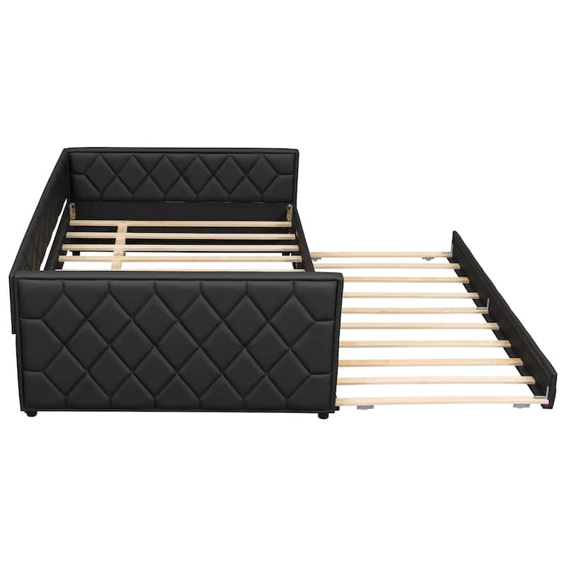 Full XL Size Upholstered Daybed with Trundle Bed and LED Armrests, Rhombic Blocks Frame Sofa Bed, U-shape Bed Frame