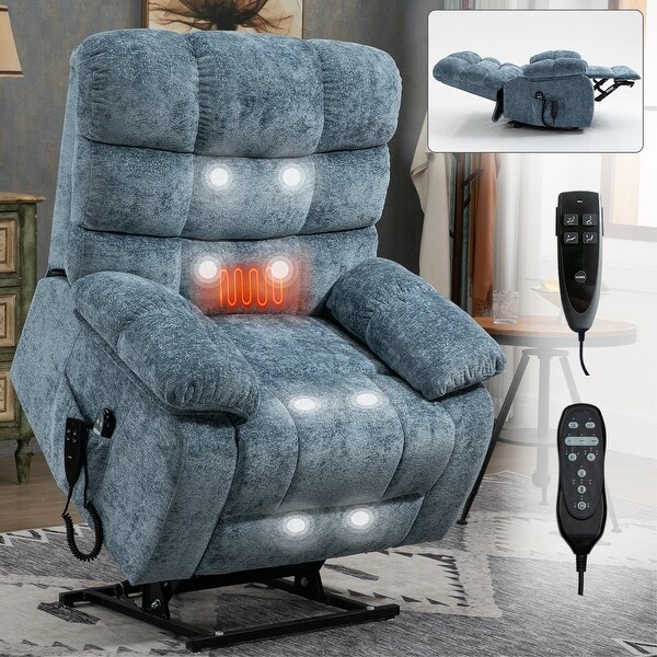 Dual Motor Power Lift Recliner Chair w Massage Heat Power Remote Blue