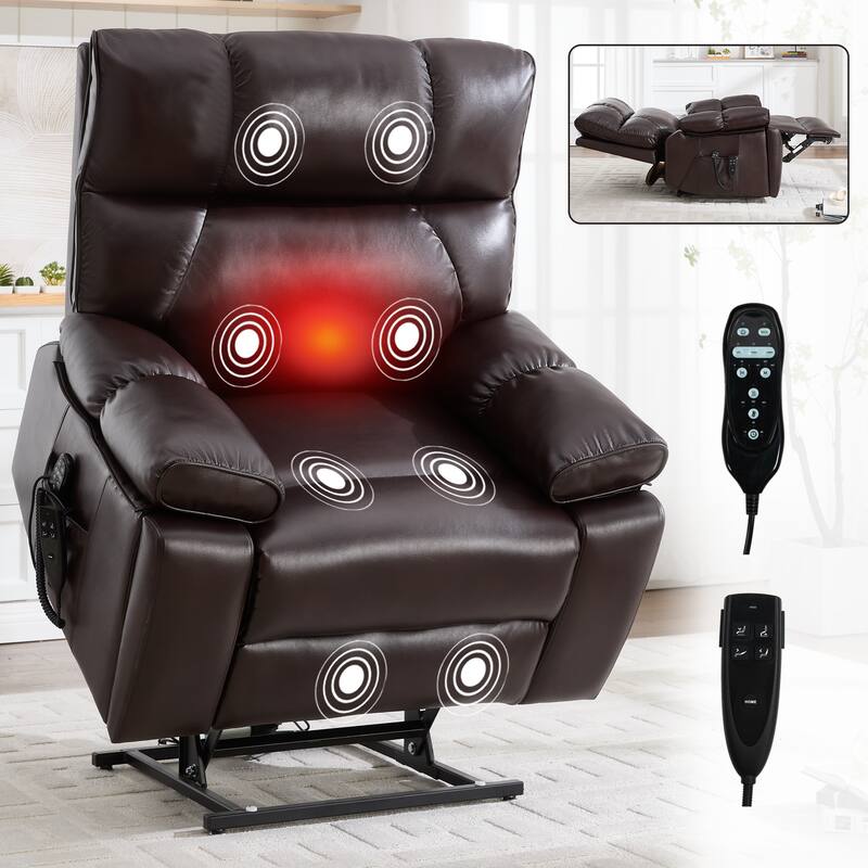 Leatheraire Heat Massage Dual Motor Infinite Position Up to 350 LBS Large Electric Power Lift Recliners with Hidden Cup Holders