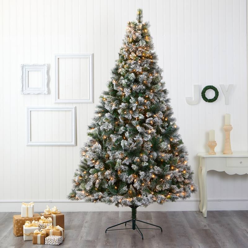 9ft Flocked Christmas Tree with Lights - Prelit Artificial Pine Holiday Decor - Green - 108