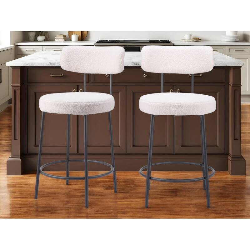 Set of Two 25" Ivory and Black Shearling and Steel Low Back Counter Height Bar Chairs - Ivory